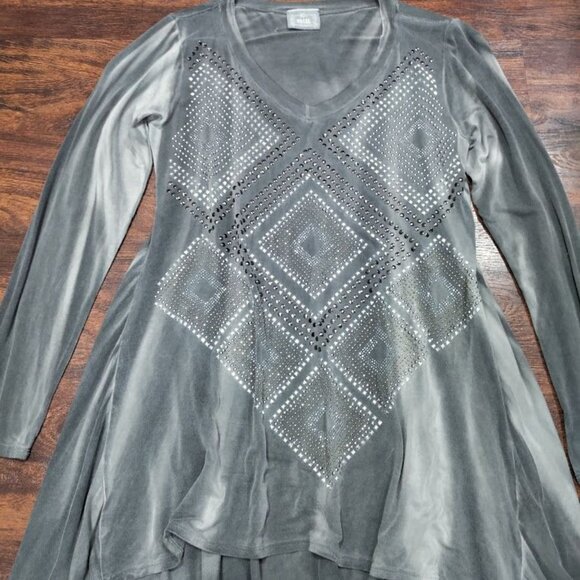 Be Vocal Studded Lagenlook Artsey Rocker Festival Y2K Whimsy Tunic Top Gray L - Picture 5 of 11